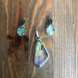 Glowing Sterling Silver Glass Pendant/ Earring Set